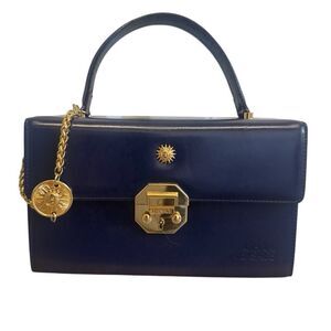Gianni Versace Navy Blue Smooth Leather Vanity Train Case Top Handle Bag Mint